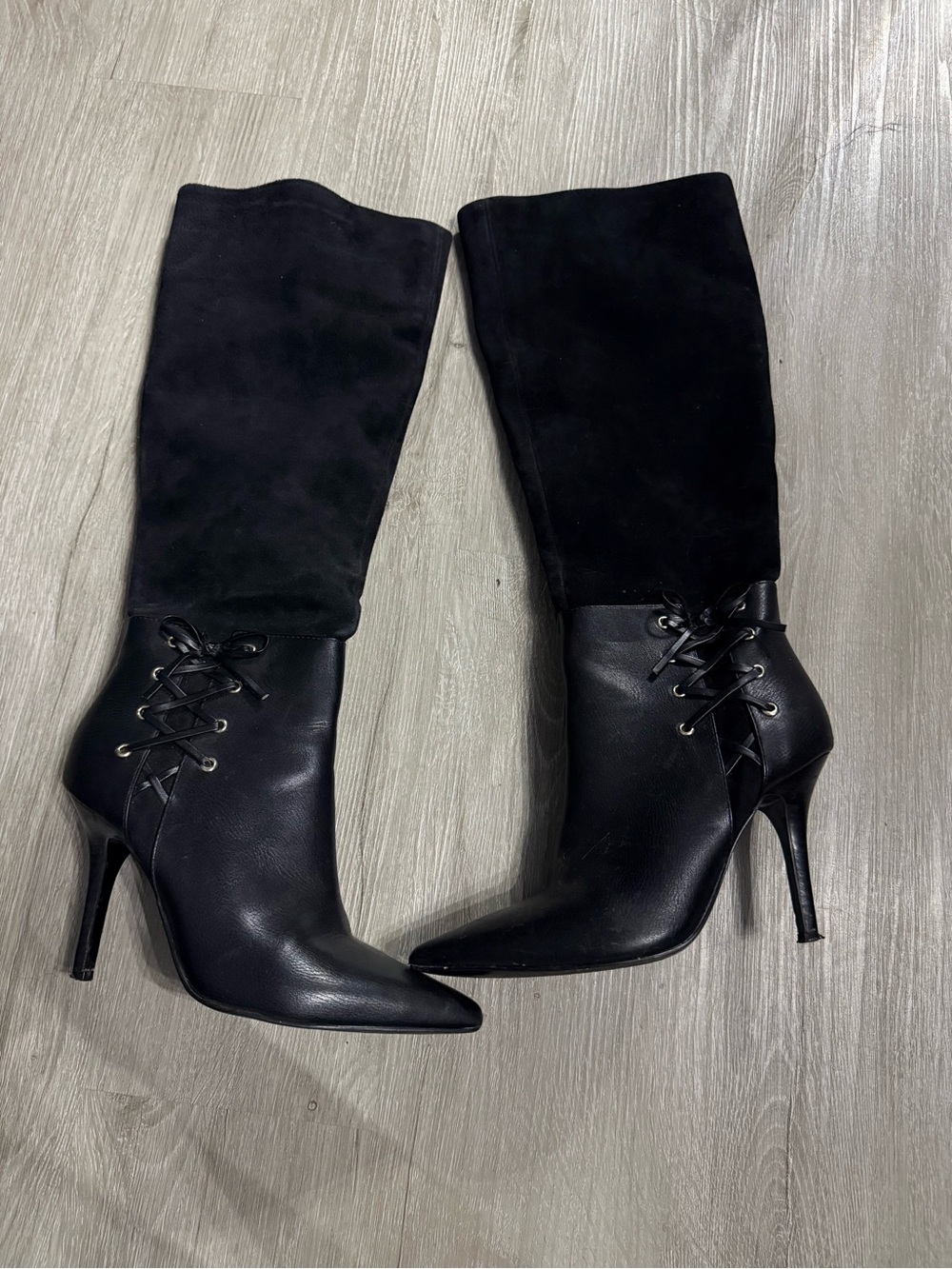 Nine West Black Knee High Stiletto Boots 7.5 Lace Up Pointed Toe Y2K